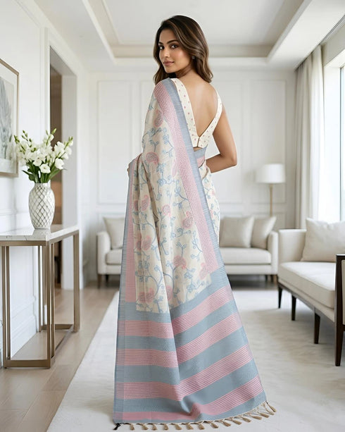 Sky Blue Cotton Silk Saree With Blouse - Back View | Samyak Fashion