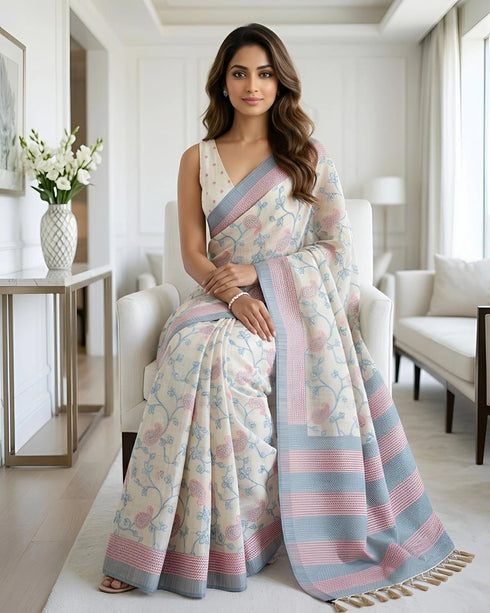 Sky Blue Cotton Silk Saree With Blouse - Detail View | Samyak Fashion