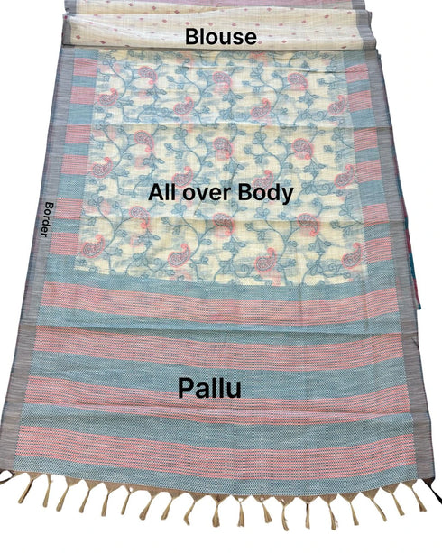 Sky Blue Cotton Silk Saree With Blouse - Close-up View | Samyak Fashion