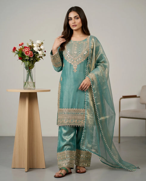 Sky Blue Fendy Silk Elegant Salwar Suit - Back View | Samyak Fashion