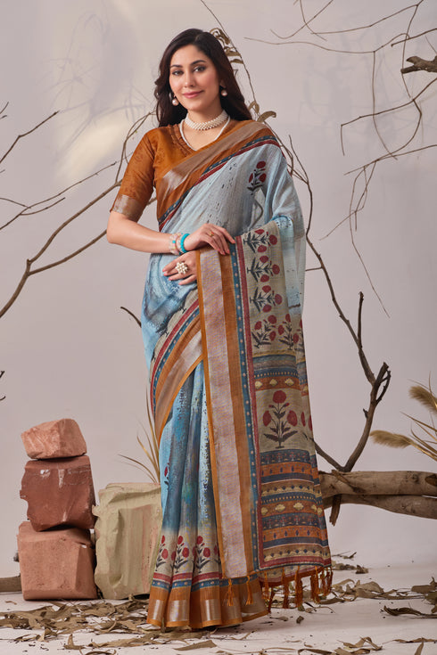Sky Blue Linen Cotton Party Wear Saree With Blouse - Front View | Samyak Fashion
