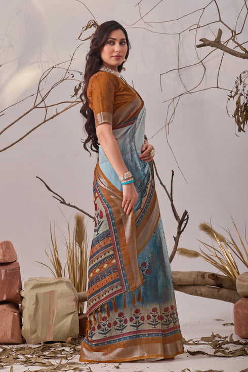 Sky Blue Linen Cotton Party Wear Saree With Blouse - Side View | Samyak Fashion