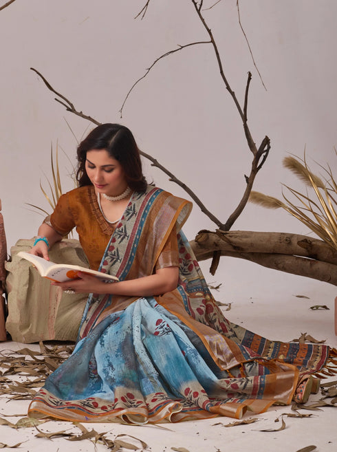 Sky Blue Linen Cotton Party Wear Saree With Blouse - Detail View | Samyak Fashion