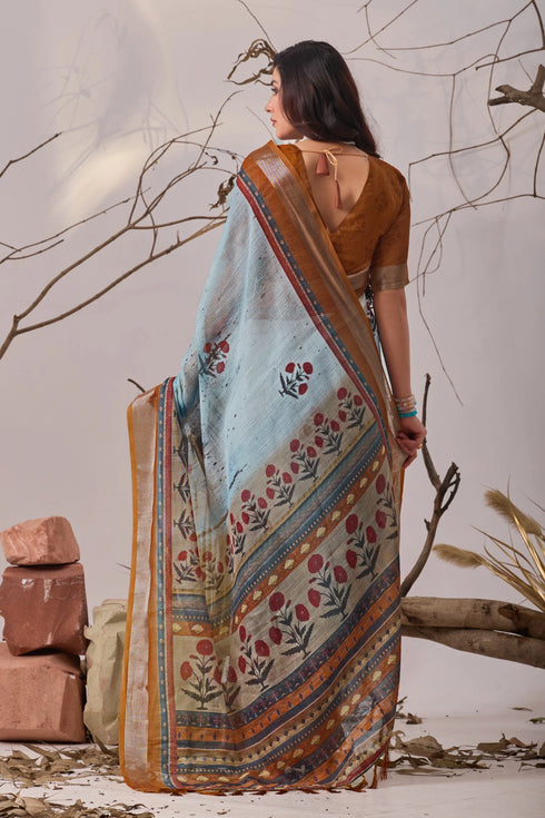 Sky Blue Linen Cotton Party Wear Saree With Blouse - Close-up View | Samyak Fashion