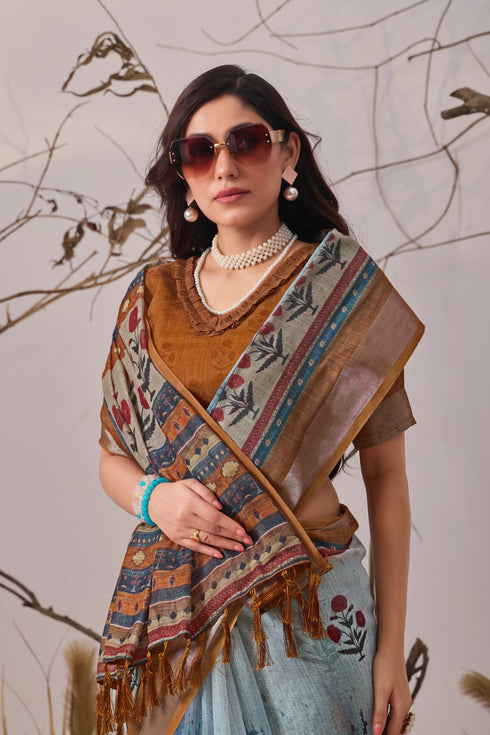Sky Blue Linen Cotton Party Wear Saree With Blouse - Full View | Samyak Fashion