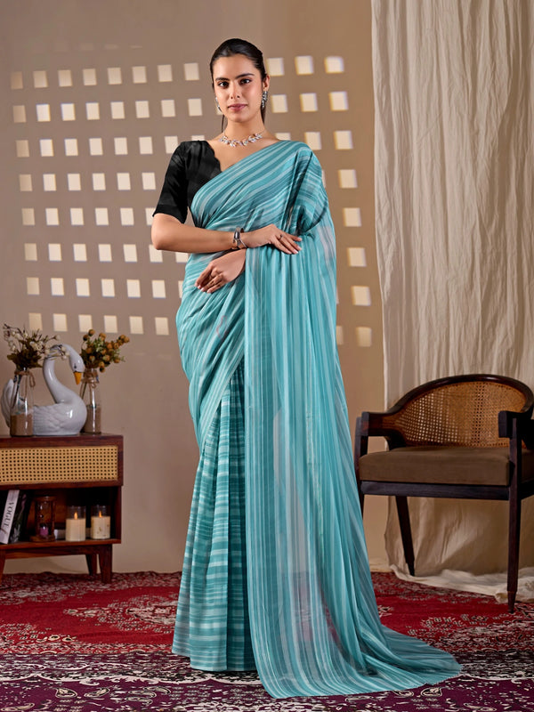 Sky Blue Monsoon Georgette Silk Party Wear Saree With Blouse - Front View | Samyak Fashion