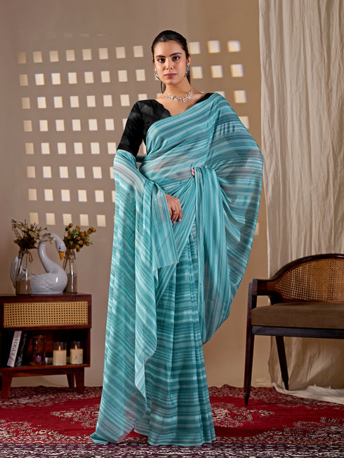 Sky Blue Monsoon Georgette Silk Party Wear Saree With Blouse - Back View | Samyak Fashion