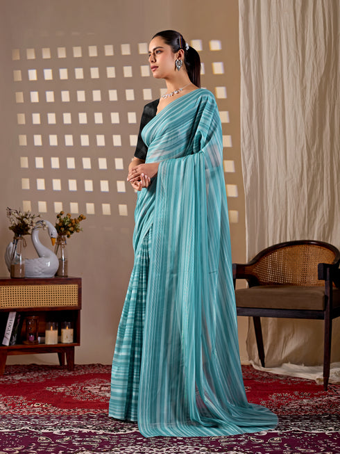 Sky Blue Monsoon Georgette Silk Party Wear Saree With Blouse - Side View | Samyak Fashion