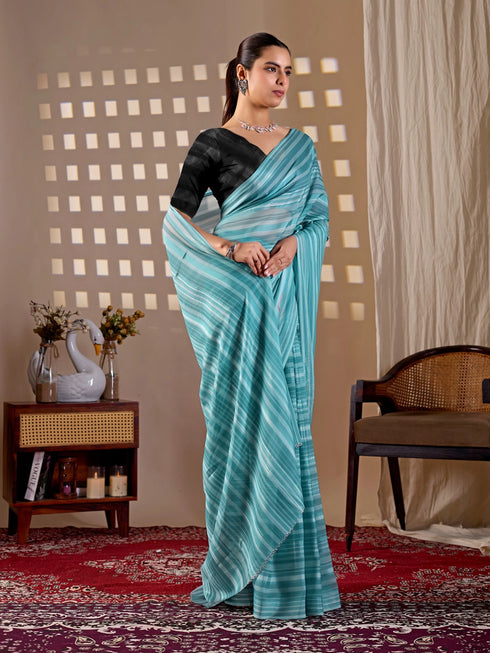 Sky Blue Monsoon Georgette Silk Party Wear Saree With Blouse - Detail View | Samyak Fashion