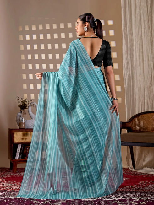 Sky Blue Monsoon Georgette Silk Party Wear Saree With Blouse - Close-up View | Samyak Fashion