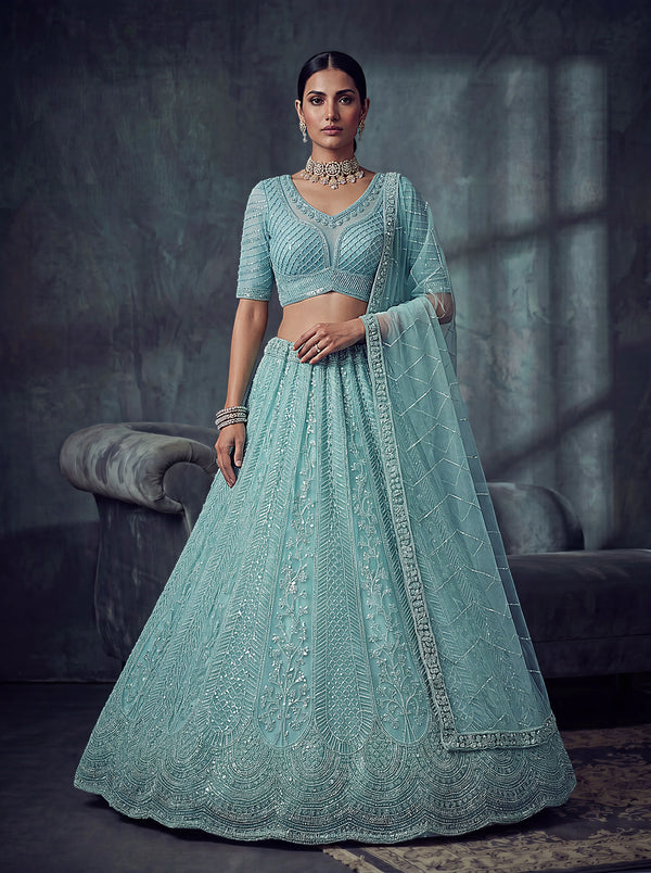 Sky Blue Net Lehenga Choli - Front View | Samyak Fashion