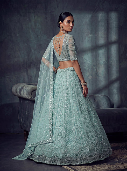 Sky Blue Net Lehenga Choli - Back View | Samyak Fashion