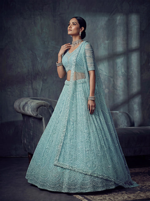 Sky Blue Net Lehenga Choli - Detail View | Samyak Fashion