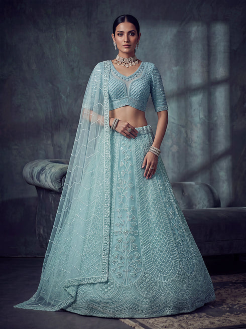 Sky Blue Net Lehenga Choli - Close-up View | Samyak Fashion