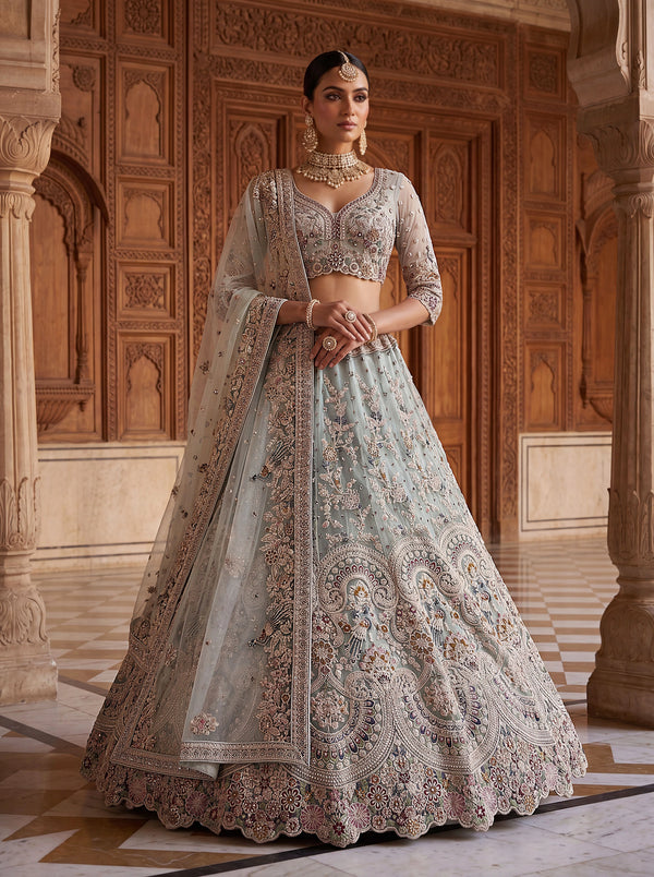 Sky Blue Net Lehenga Choli Peacock Thread,jari,dori Embroidery,diamond Work - Front View | Samyak Fashion