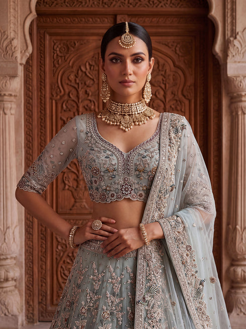 Sky Blue Net Lehenga Choli Peacock Thread,jari,dori Embroidery,diamond Work - Side View | Samyak Fashion