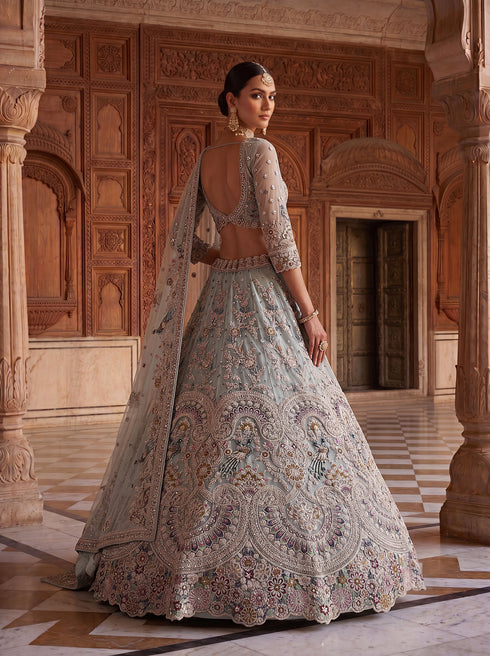 Sky Blue Net Lehenga Choli Peacock Thread,jari,dori Embroidery,diamond Work - Detail View | Samyak Fashion