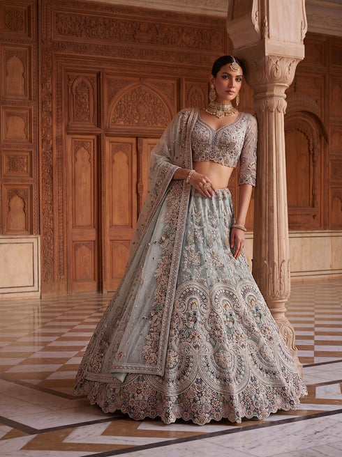 Sky Blue Net Lehenga Choli Peacock Thread,jari,dori Embroidery,diamond Work - Close-up View | Samyak Fashion