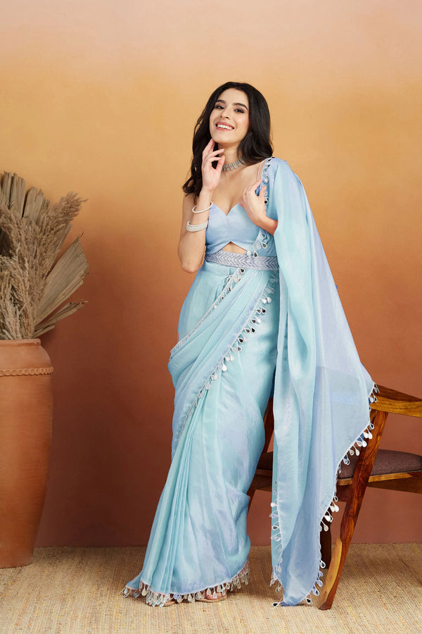 Sky Blue Organza Saree With Blouse - Front View | Samyak Fashion