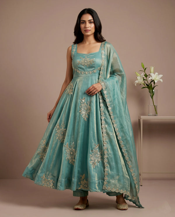 Sky Blue Pure Fendy Silk Elegant Salwar Suit - Front View | Samyak Fashion