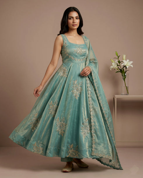 Sky Blue Pure Fendy Silk Elegant Salwar Suit - Back View | Samyak Fashion