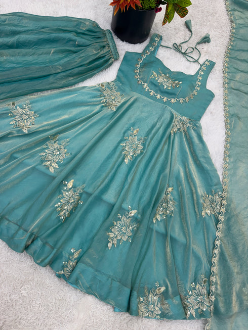 Sky Blue Pure Fendy Silk Elegant Salwar Suit - Side View | Samyak Fashion
