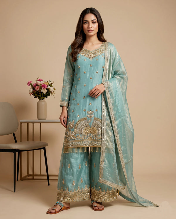 Sky Blue Pure Fendy Silk Elegant Salwar Suit - Front View | Samyak Fashion