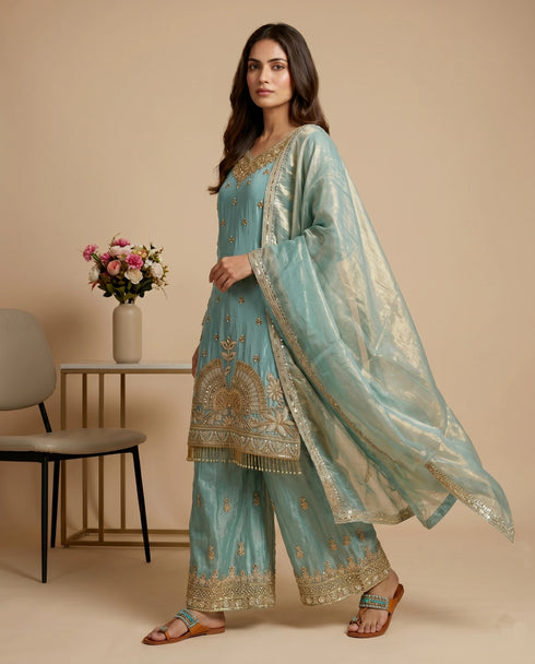 Sky Blue Pure Fendy Silk Elegant Salwar Suit - Back View | Samyak Fashion