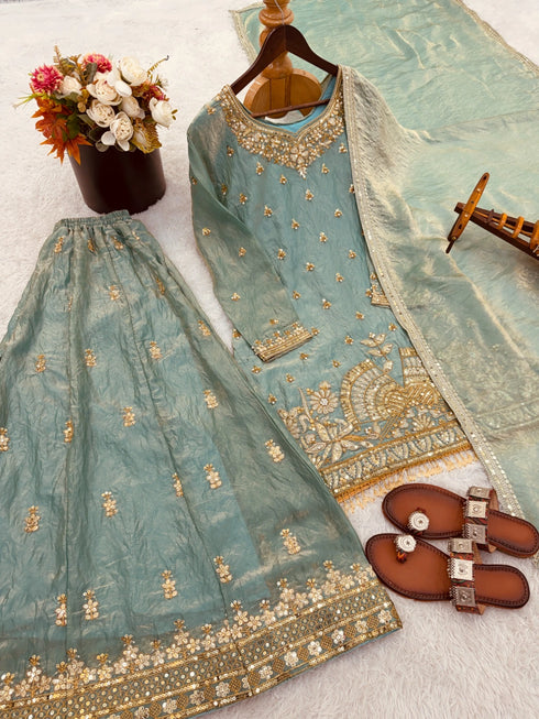 Sky Blue Pure Fendy Silk Elegant Salwar Suit - Side View | Samyak Fashion