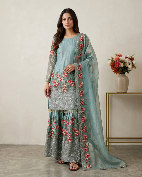 Sky Blue Pure Fendy Silk Elegant Salwar Suit - Front View | Samyak Fashion