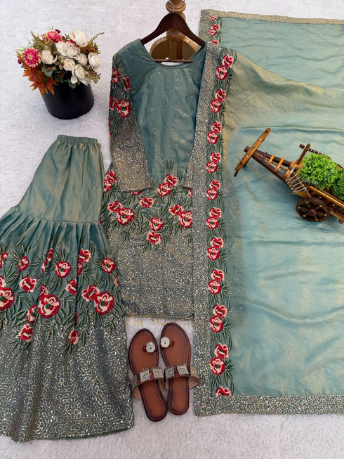 Sky Blue Pure Fendy Silk Elegant Salwar Suit - Side View | Samyak Fashion