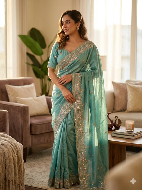Sky Blue Soft Nc Vichitra Party Wear Saree With Blouse - Front View | Samyak Fashion