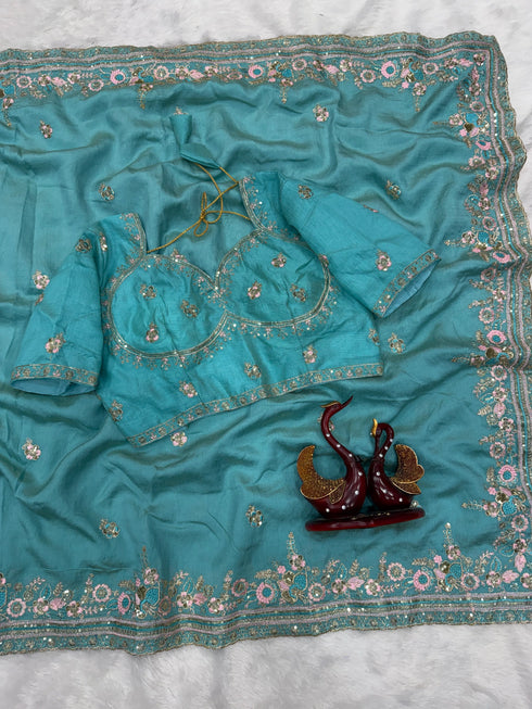 Sky Blue Soft Nc Vichitra Party Wear Saree With Blouse - Detail View | Samyak Fashion