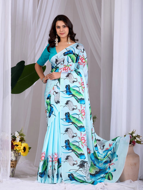 Sky Blue Soft Satin Georgette Saree With Blouse - Front View | Samyak Fashion