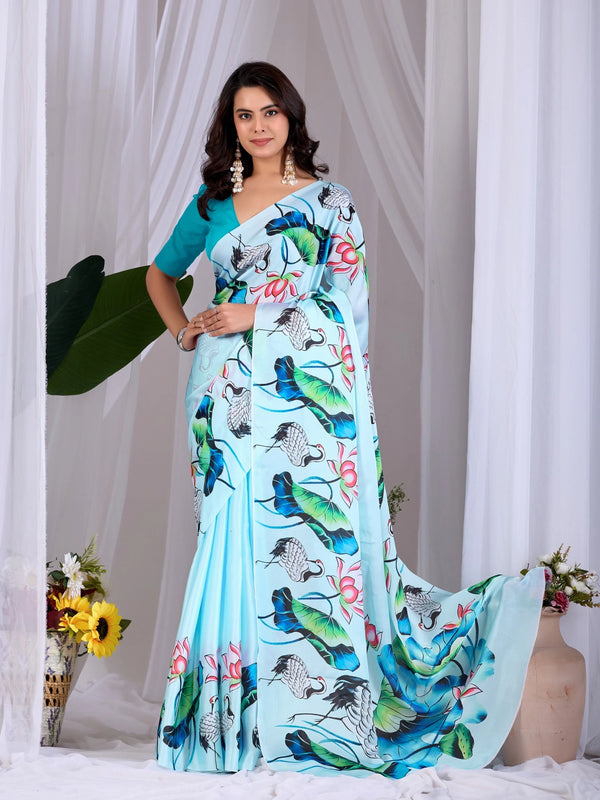 Sky Blue Soft Satin Georgette Saree With Blouse - Front View | Samyak Fashion