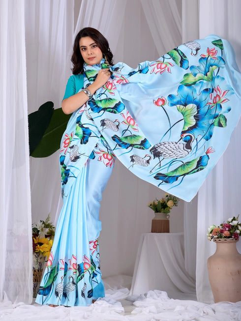 Sky Blue Soft Satin Georgette Saree With Blouse - Back View | Samyak Fashion