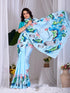 Sky Blue Soft Satin Georgette Saree With Blouse - Back View | Samyak Fashion