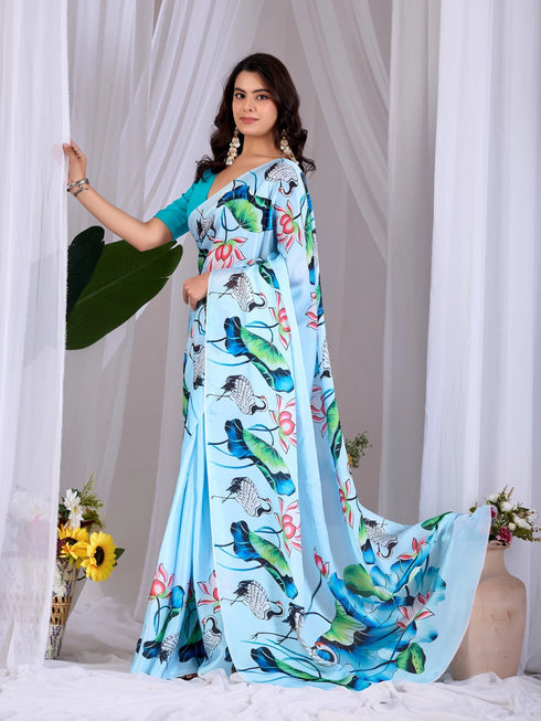 Sky Blue Soft Satin Georgette Saree With Blouse - Side View | Samyak Fashion