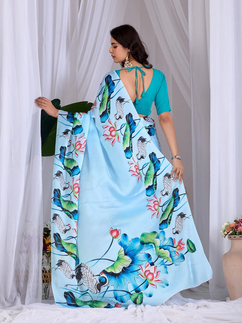 Sky Blue Soft Satin Georgette Saree With Blouse - Close-up View | Samyak Fashion