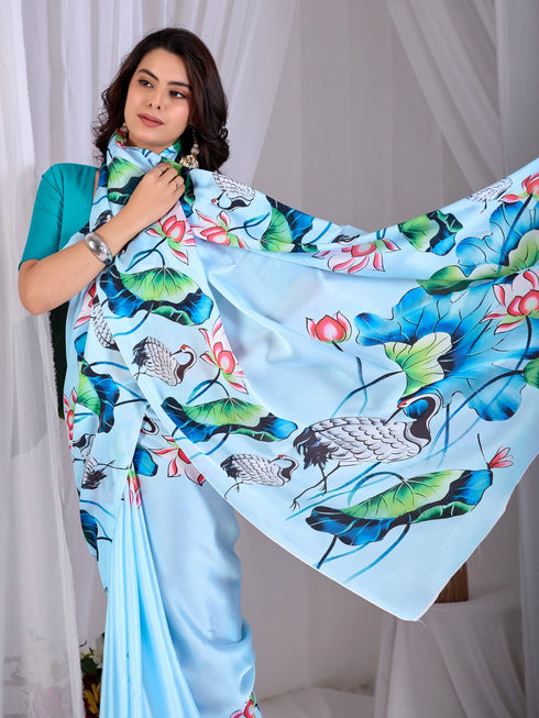 Sky Blue Soft Satin Georgette Saree With Blouse - Full View | Samyak Fashion