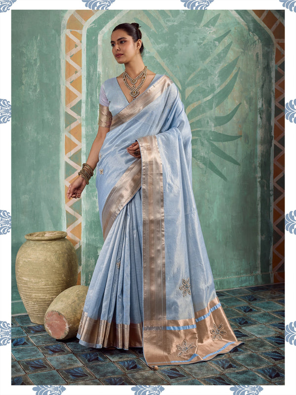 Sky Blue Tissue Cotton Party Wear Saree With Blouse - Front View | Samyak Fashion