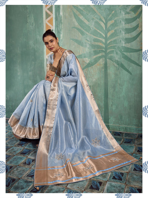 Sky Blue Tissue Cotton Party Wear Saree With Blouse - Back View | Samyak Fashion