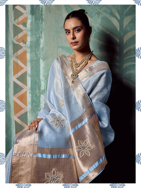 Sky Blue Tissue Cotton Party Wear Saree With Blouse - Side View | Samyak Fashion
