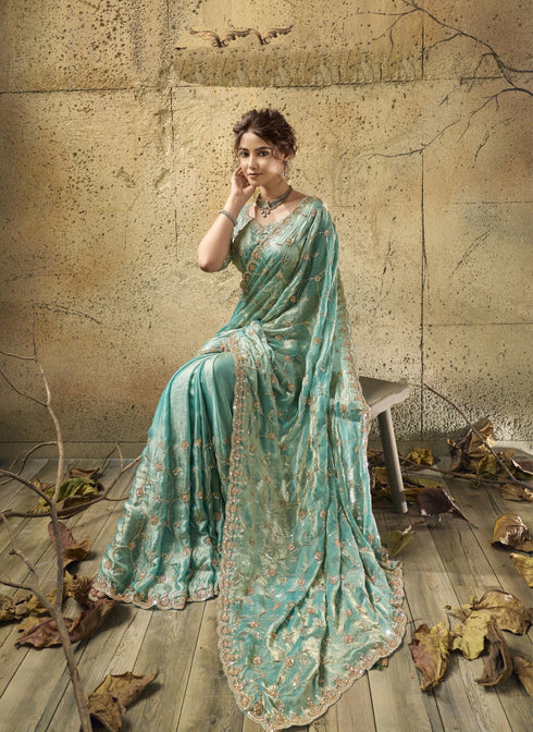 Sky Blue Velvet Satin Party Wear Saree With Blouse - Back View | Samyak Fashion