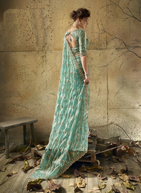 Sky Blue Velvet Satin Party Wear Saree With Blouse - Side View | Samyak Fashion
