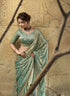 Sky Blue Velvet Satin Party Wear Saree With Blouse - Detail View | Samyak Fashion