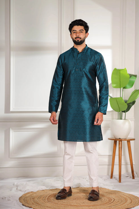 Teal Art Silk Mens Kurta With Payjama - Front View | Samyak Fashion
