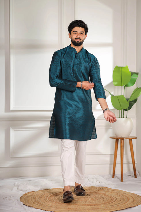 Teal Art Silk Mens Kurta With Payjama - Close-up View | Samyak Fashion