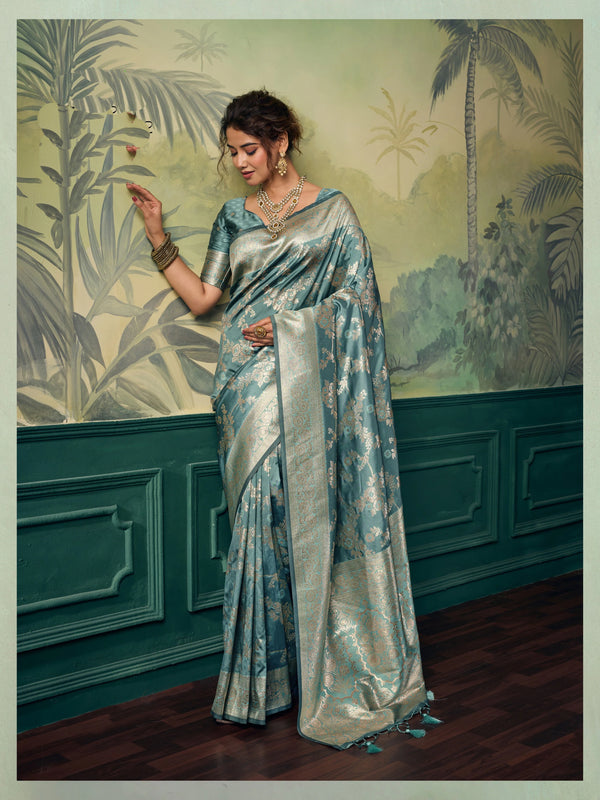 Teal Banarasi Silk Party Wear Saree With Blouse - Front View | Samyak Fashion