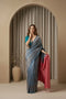 Teal Blue Art Silk Saree With Blouse - Front View | Samyak Fashion